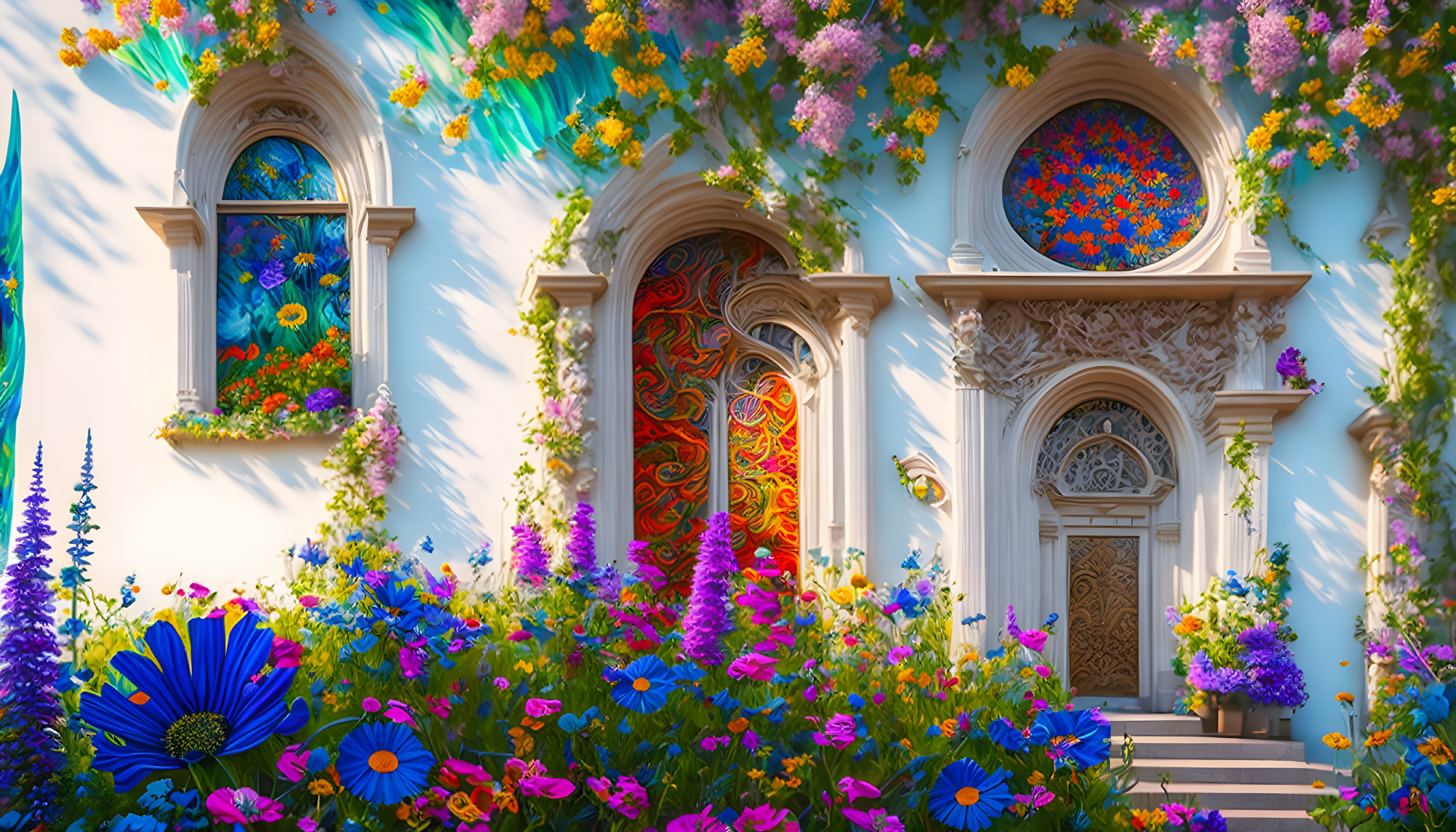 Colorful flowering vines on ornate building with intricate windows and vibrant garden.