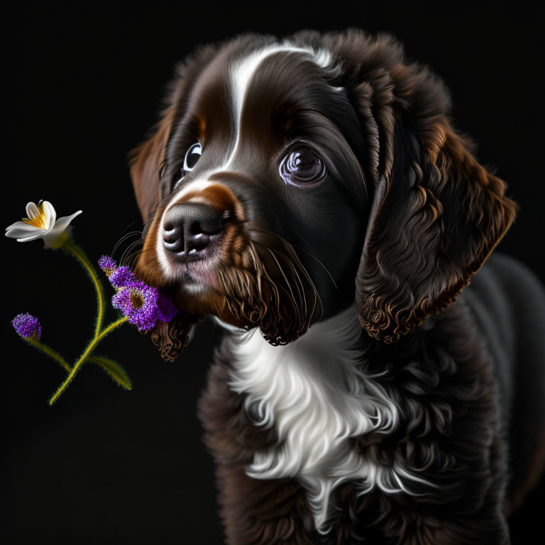 Brown and White Puppy Sniffing White Flower on Dark Background