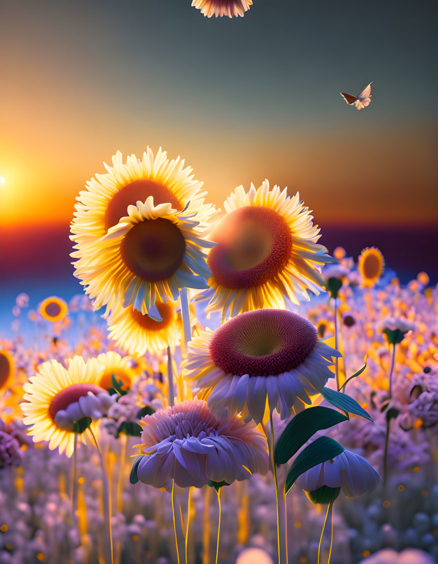 Field of vibrant sunflowers and assorted flowers at sunset with butterfly and colorful sky