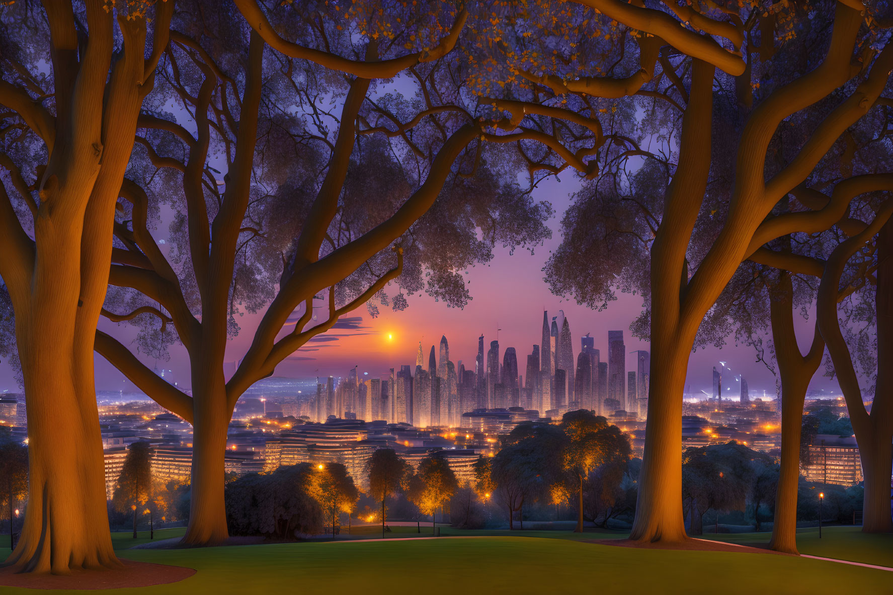 Cityscape at Twilight Framed by Silhouetted Trees in Purple and Orange Sky