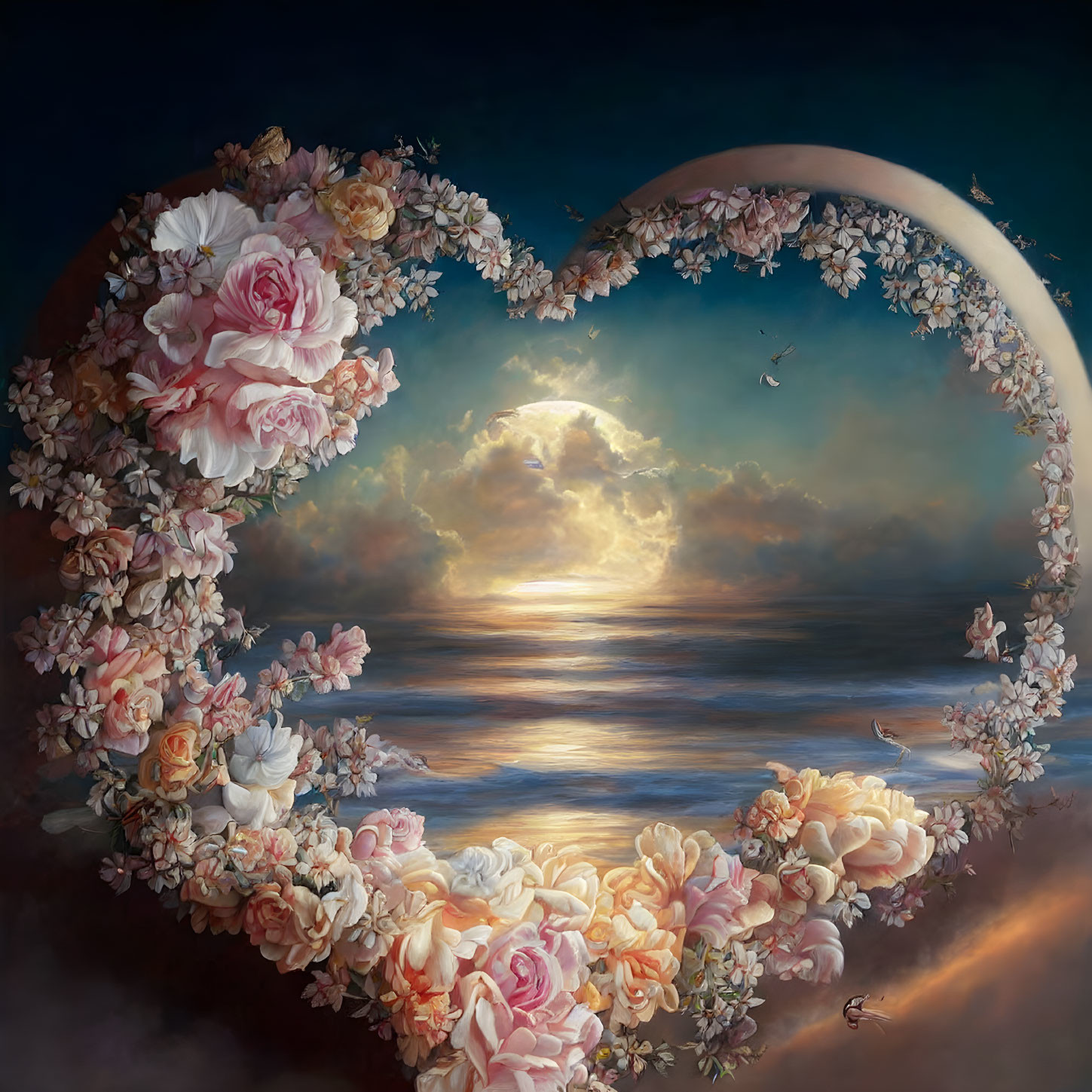 Heart-shaped rose frame surrounding golden sunset seascape with birds