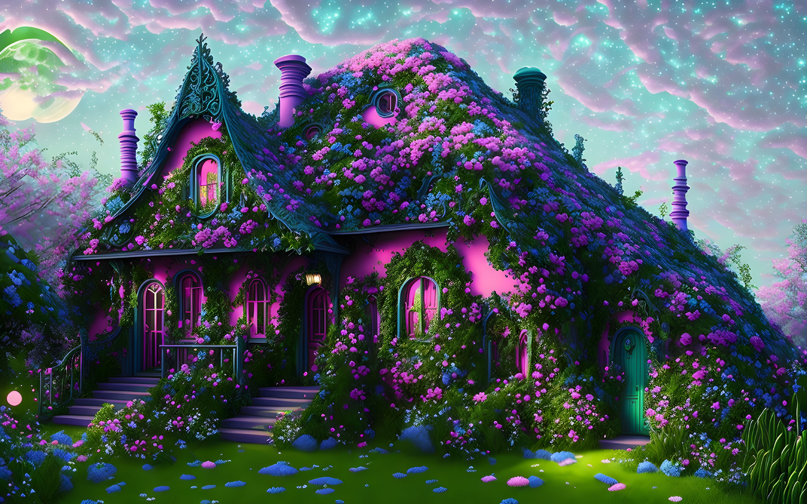 Whimsical house with blooming purple flowers under starry night sky