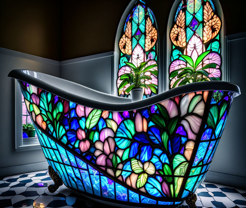 Colorful Flower Stained Glass Bathtub Against Tiled Floor and Window