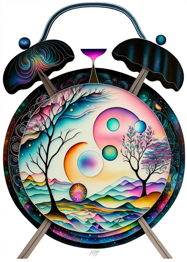 Colorful surreal landscape in alarm clock with trees, bubbles, and celestial bodies.