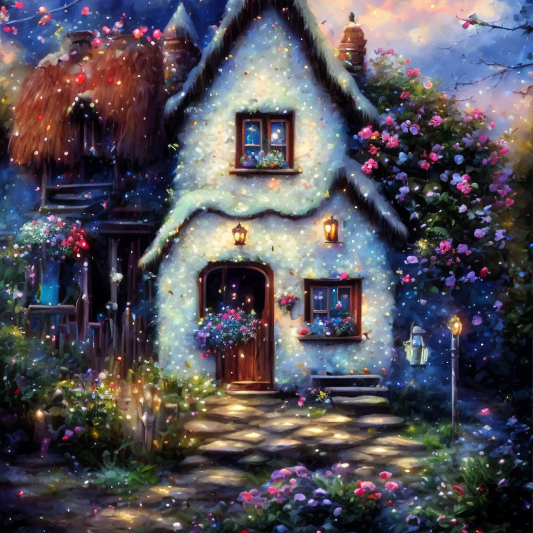 Twilight cottage with illuminated windows and stone path