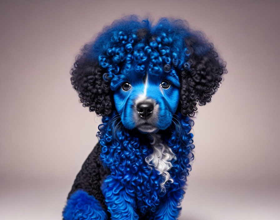 Vibrant blue dyed fur on black poodle, expressive eyes