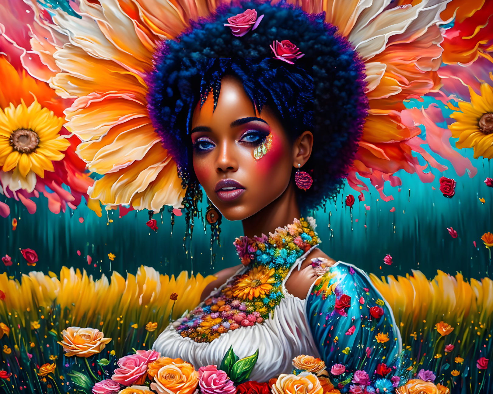 Colorful Digital Art: Woman with Blue Afro Hair and Floral Adornments