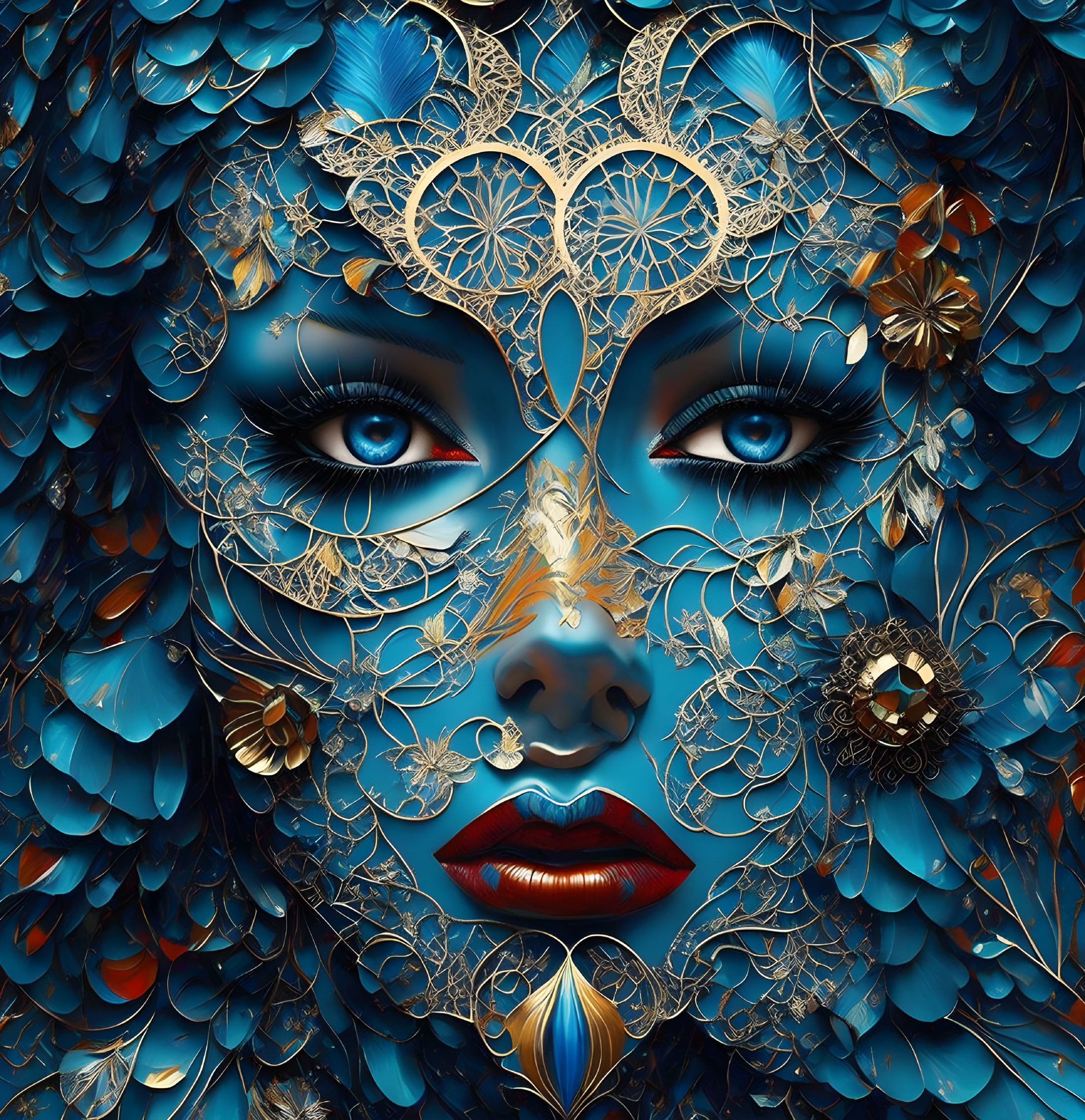 Intricate metallic blue feather and golden filigree female portrait