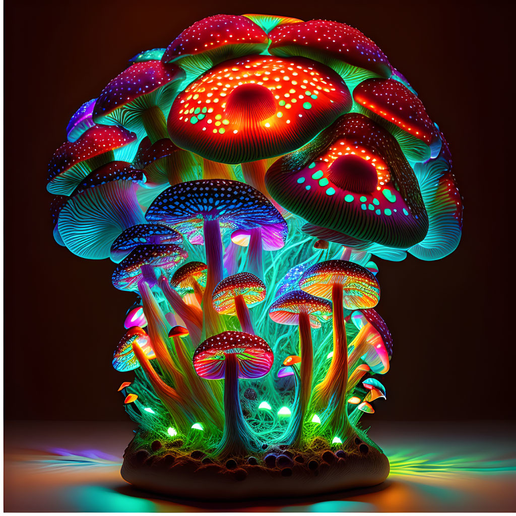 Colorful Neon-Lit Mushroom Cluster Art Piece