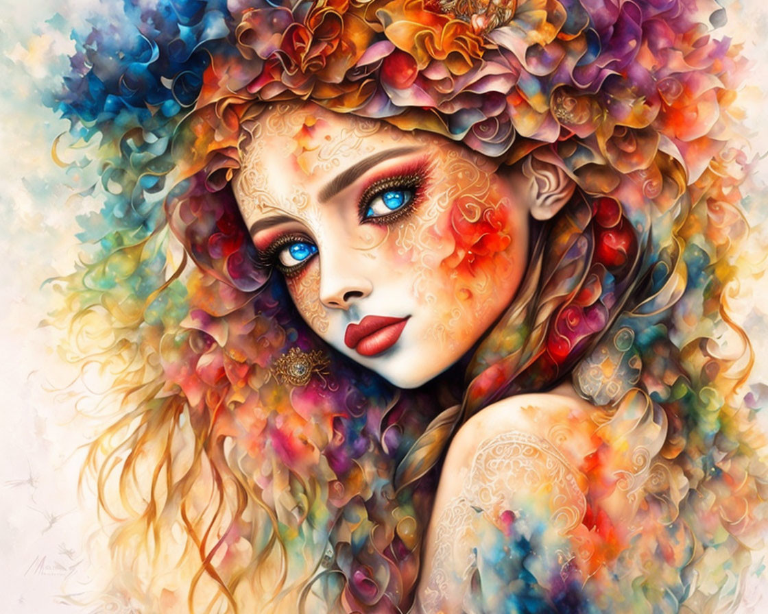 Colorful Artwork of Woman with Floral Hair & Blue Eyes