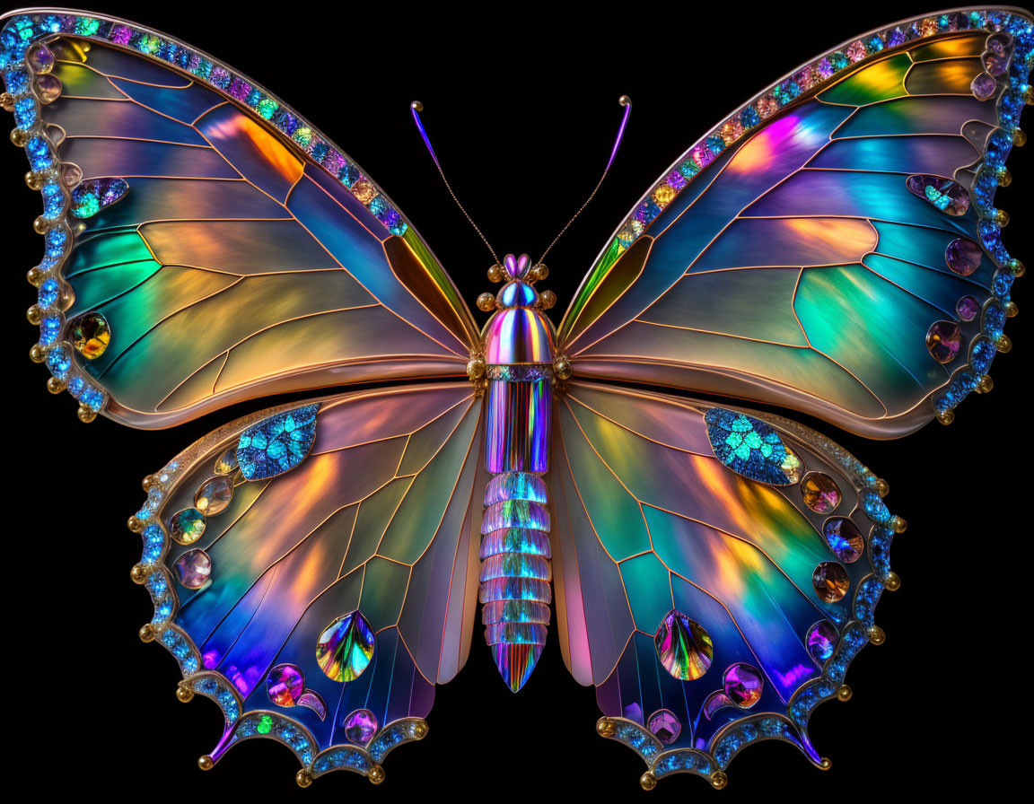 Colorful Gemstone Butterfly on Black Background