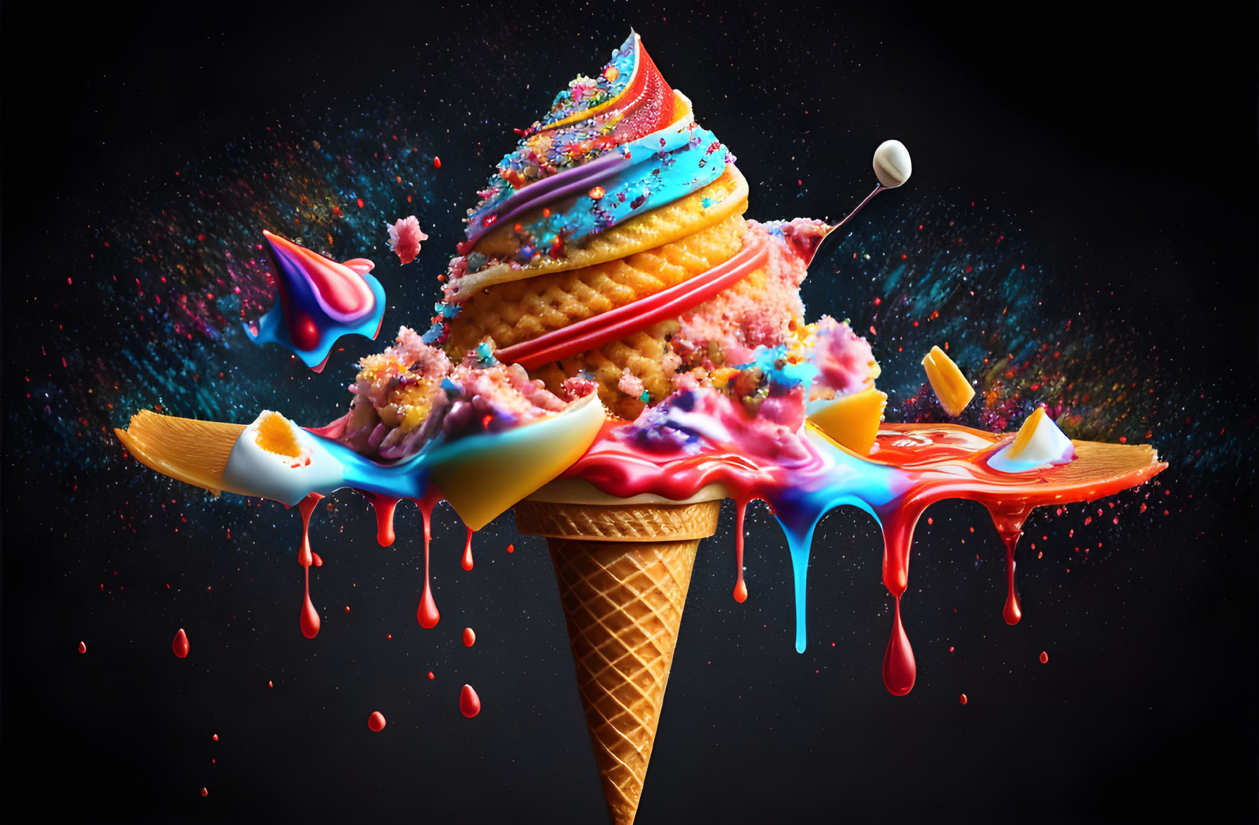 Colorful Exploding Ice Cream Cone on Dark Background