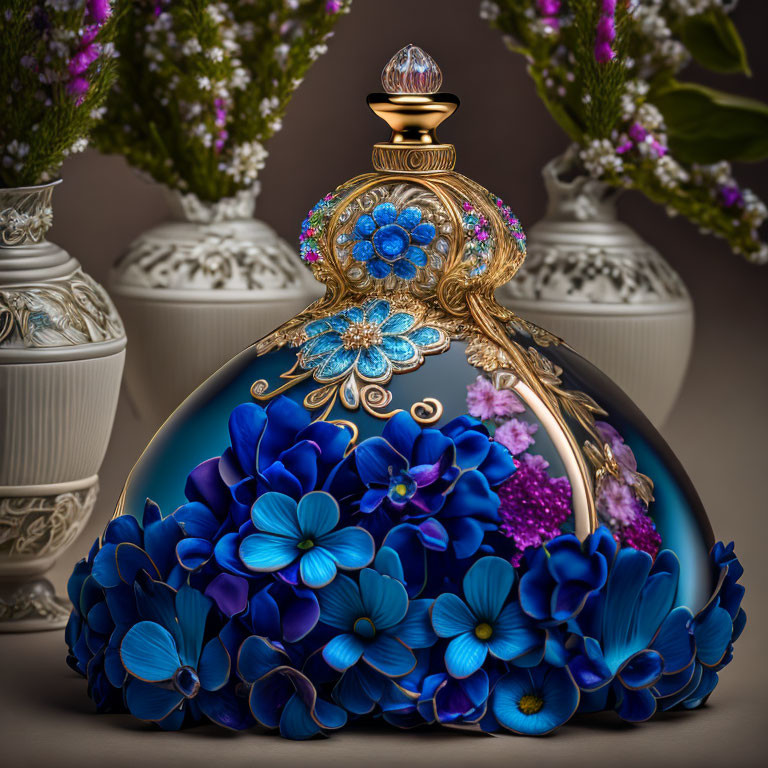 Decorative Perfume Bottle with Gold and Gemstones, Blue Flower Design