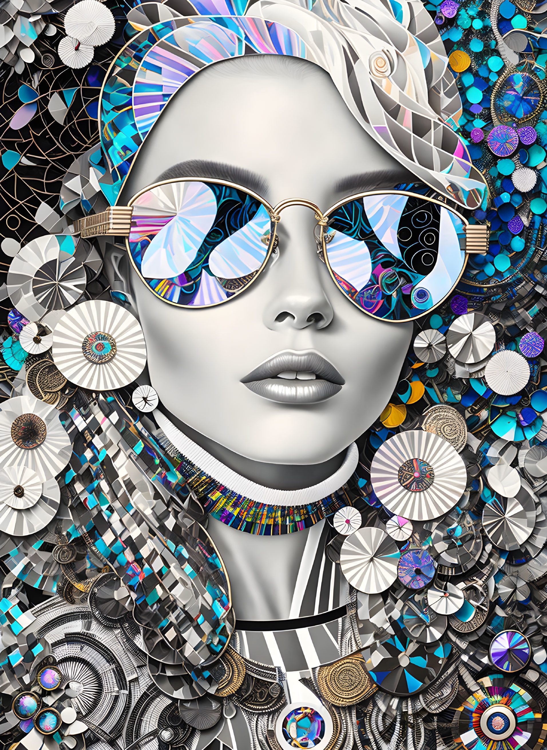 Stylized image of woman with reflective sunglasses and intricate patterns