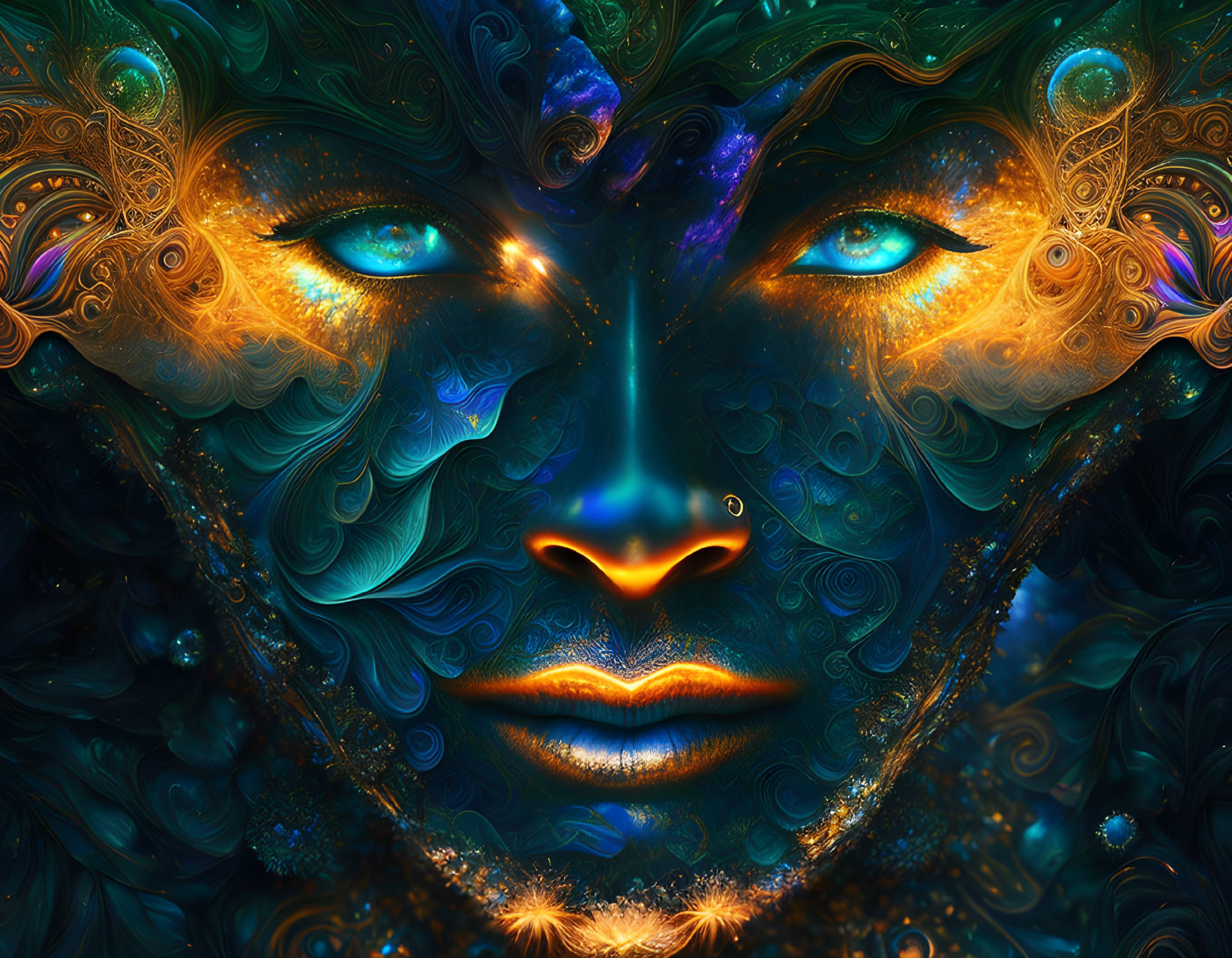 Intricate digital artwork: Vibrant face with glowing blue eyes, cosmic design