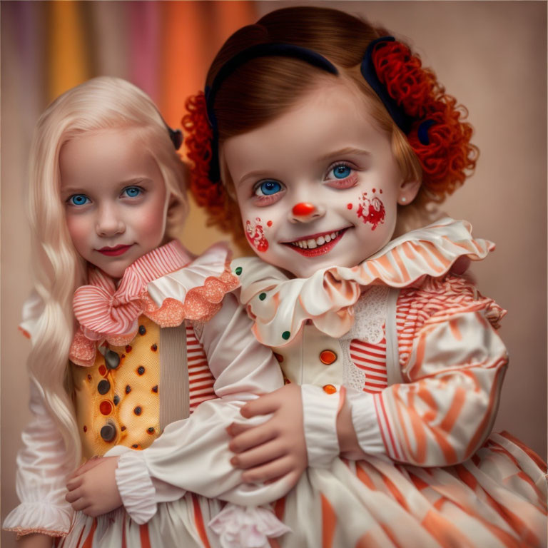 Vintage clown costumes: Two young girls embrace, painted faces smiling warmly