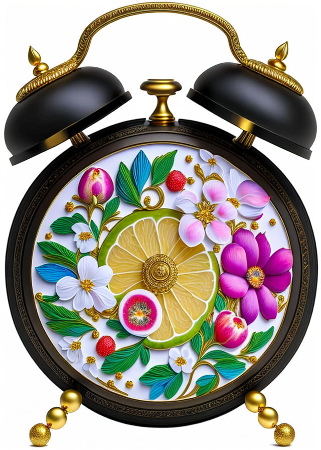 Vintage Ornate Alarm Clock with Floral and Fruit Design on Ivory Background