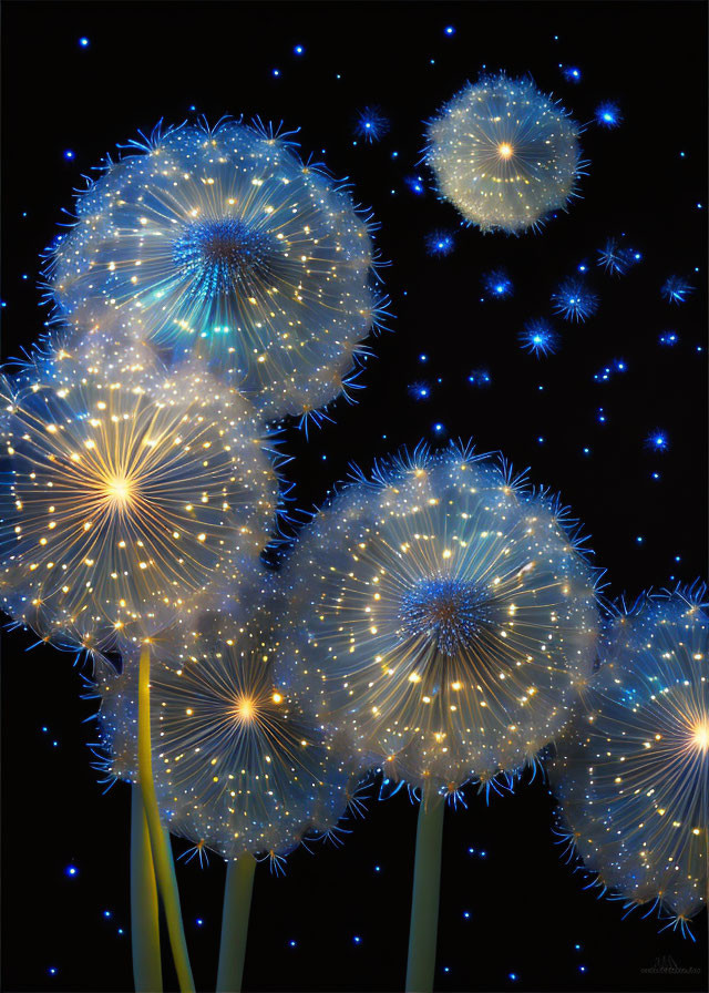 Bright blue and white specks on glowing dandelion-like flowers against a dark background