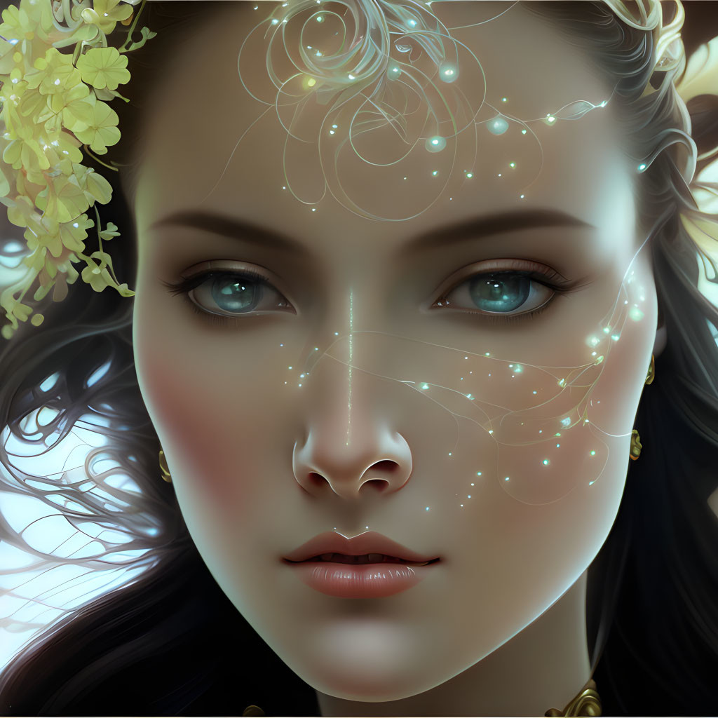 Digital portrait of a woman with luminescent patterns, intricate jewelry, and yellow flowers in her dark