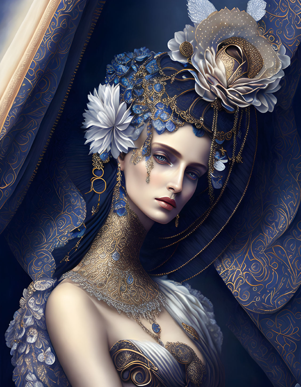 Elaborate Blue and Gold Headdress with Flowers and Lace