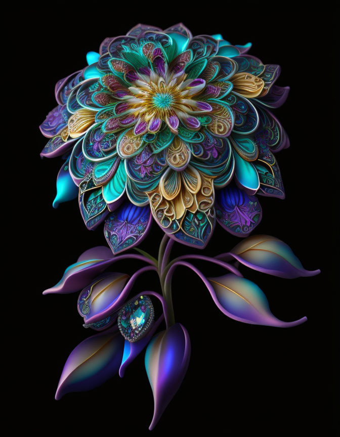 Detailed digital illustration of ornate multi-layered flower in vibrant purple, blue, and gold hues on