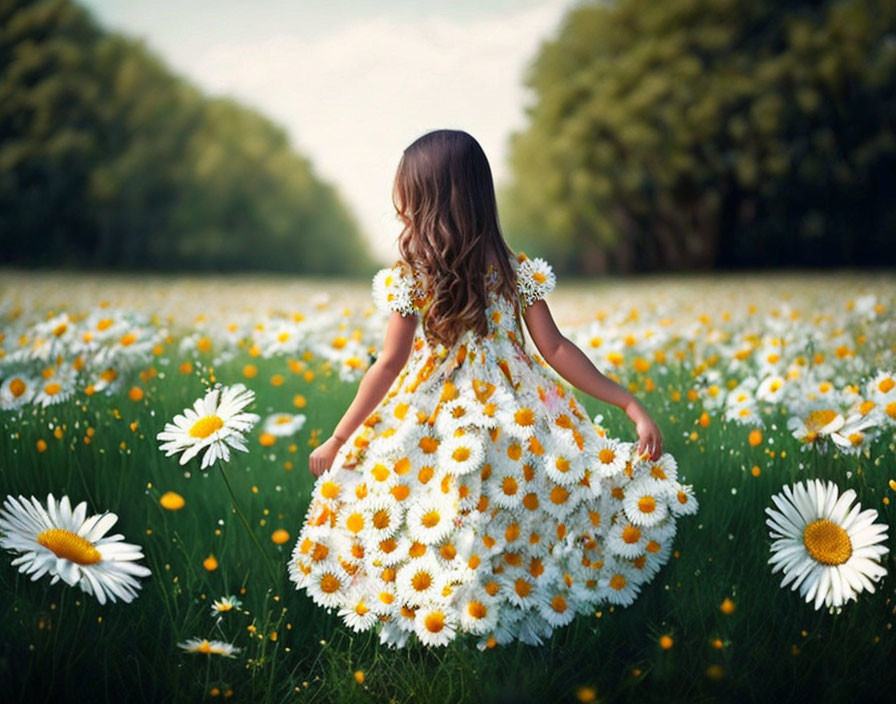 Young girl in white and yellow daisy-print dress in lush daisy field