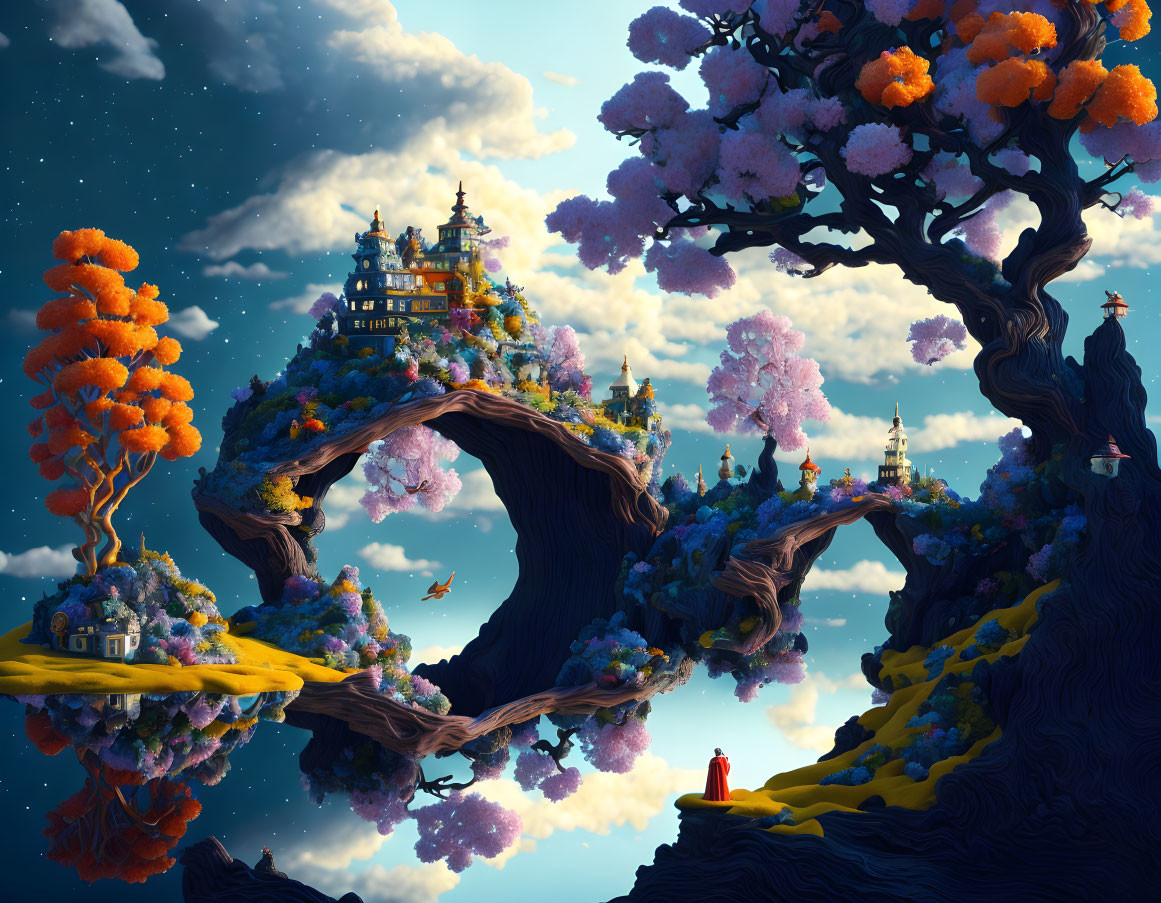 Vibrant surreal landscape with colorful trees, floating islands, pagodas, starry sky,