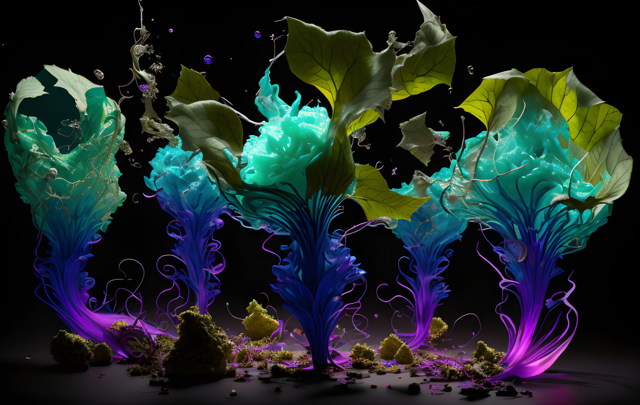 Colorful digital artwork: intricate plant-like structures on dark background