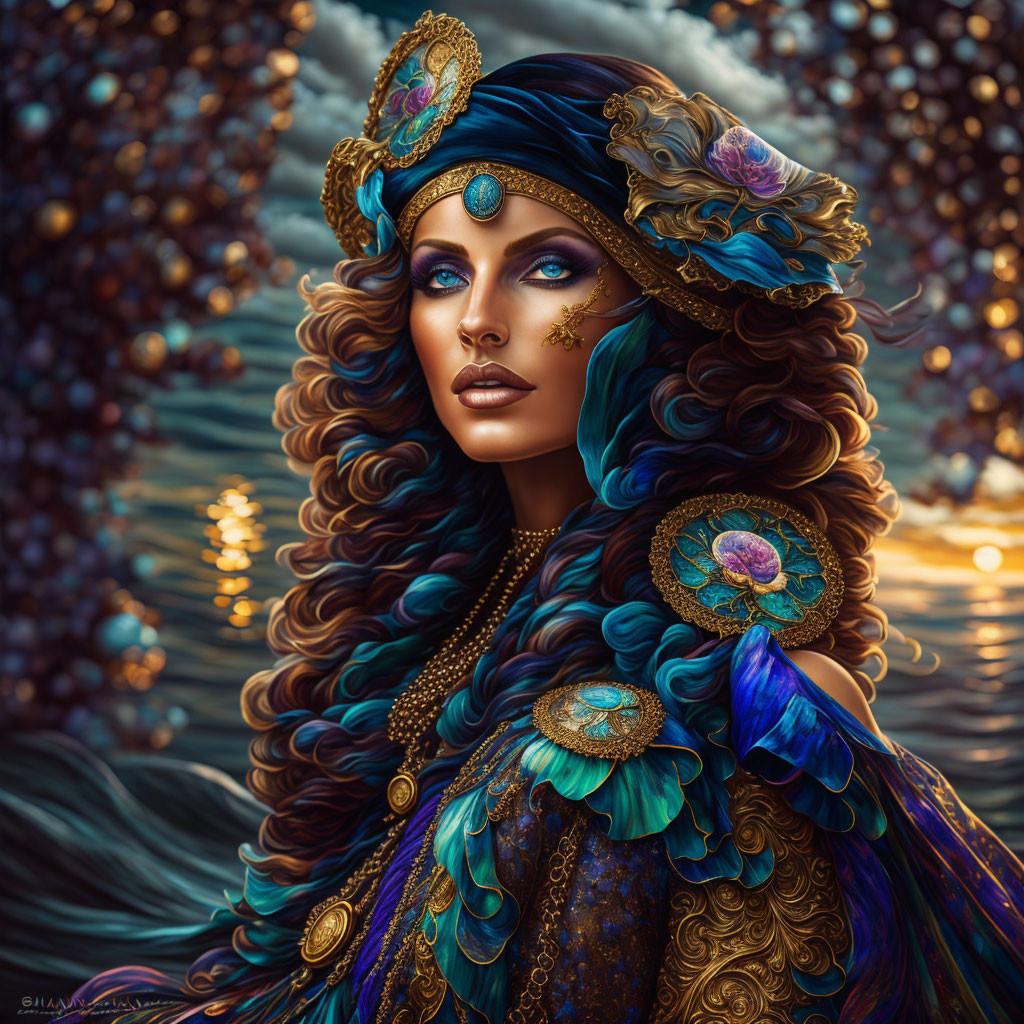 Digital artwork: Woman with curly hair, peacock headdress, and jewelry on golden backdrop