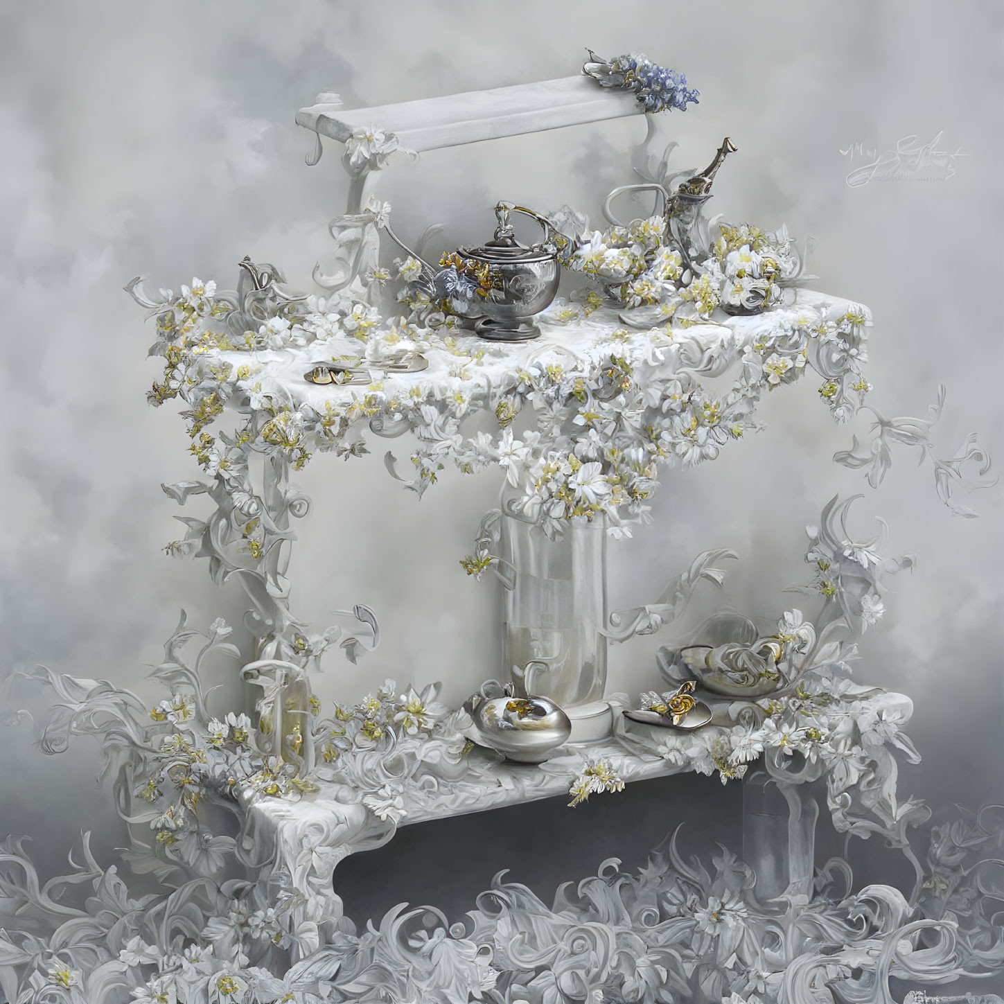 Whimsical still-life painting of white table set with silverware and teacup