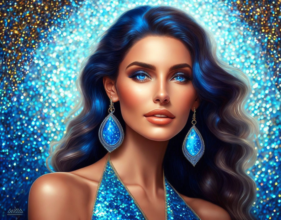 Vibrant blue-eyed woman portrait with matching earrings and wavy hair on glittering blue backdrop