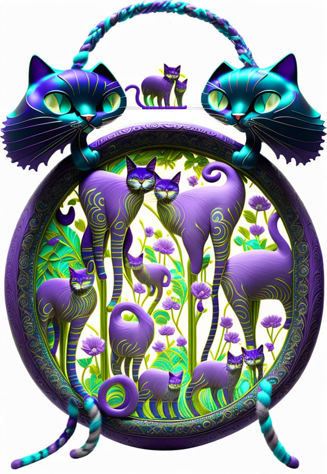 Intricate Cat-Shaped Mirror with Multiple Stylized Designs