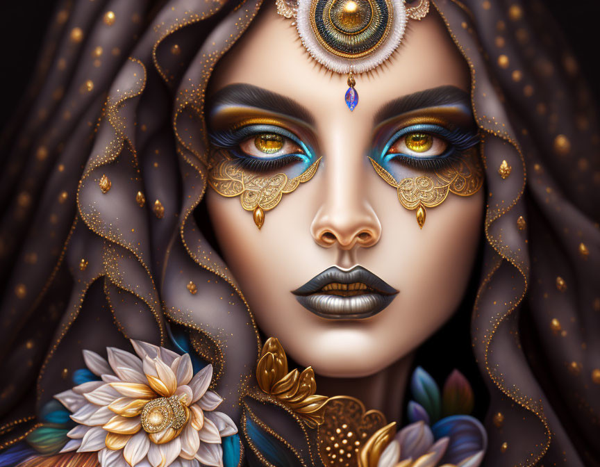 Detailed illustration of woman adorned in gold jewelry, dramatic makeup, headpiece, and flowers on dark,