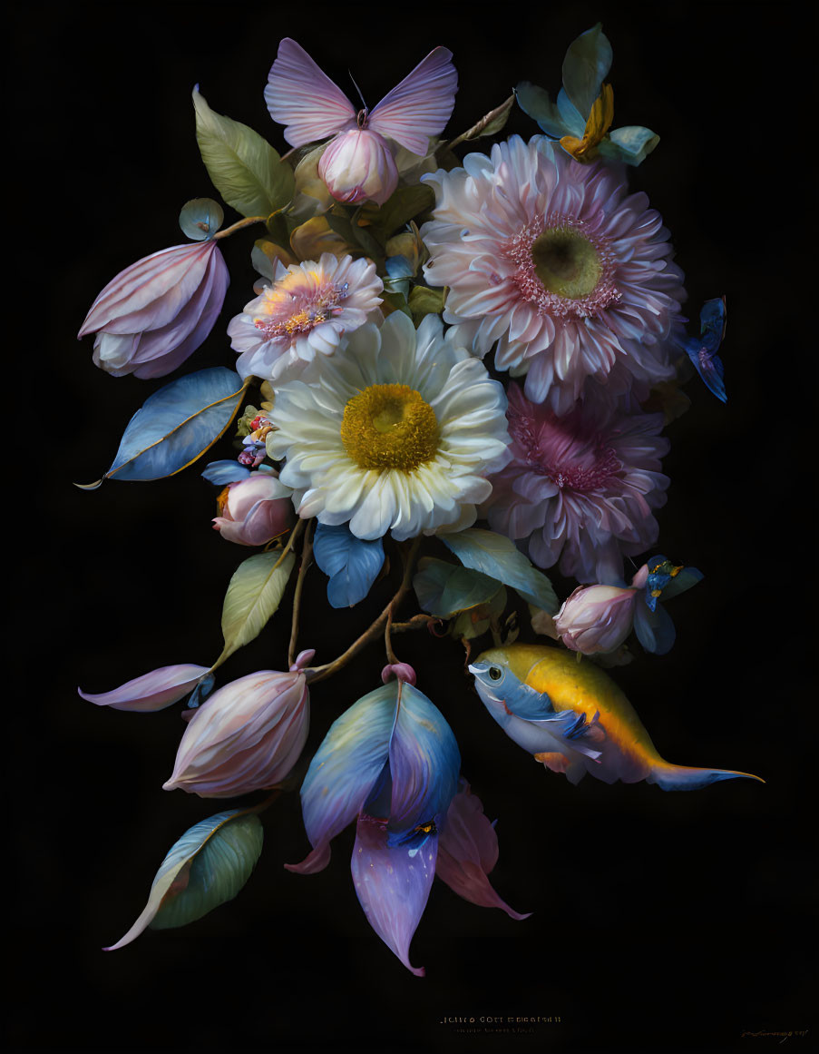 Floral arrangement with butterfly, bird, and bumblebee on dark background