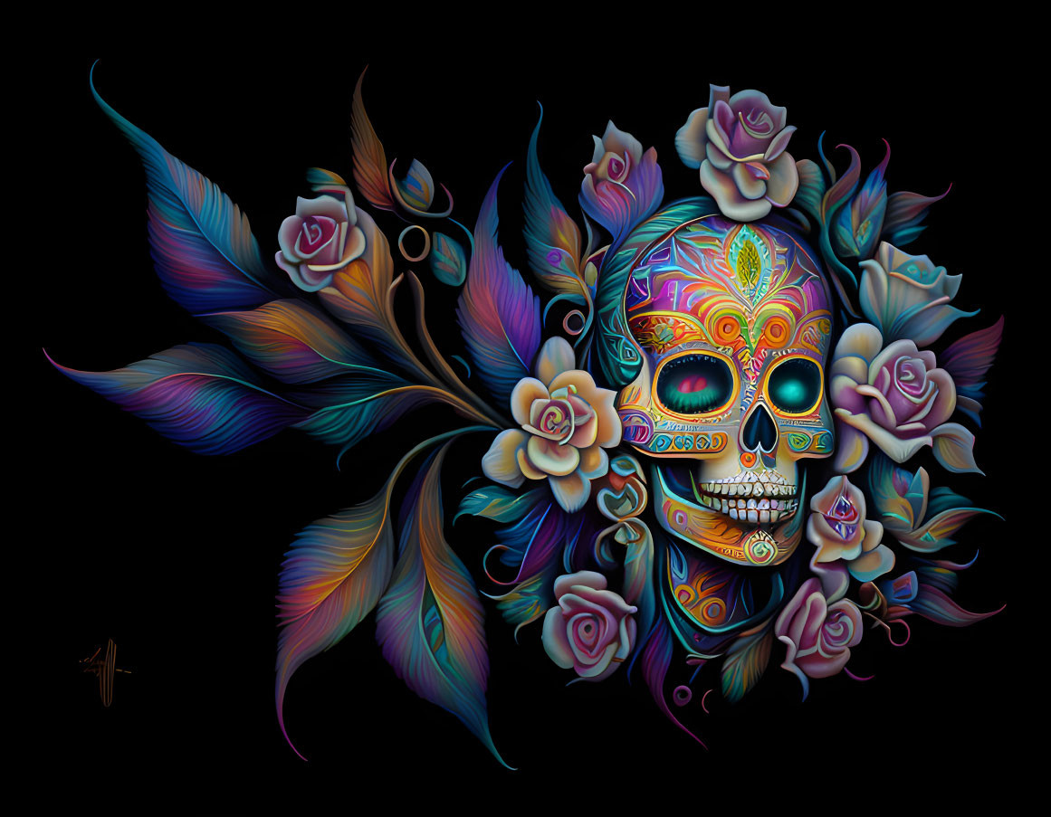 Vibrant Dia de los Muertos sugar skull with roses and feathers