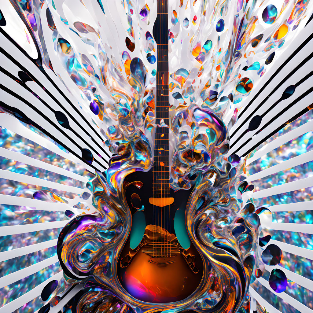 Colorful Psychedelic Guitar Illustration with Liquid Shapes