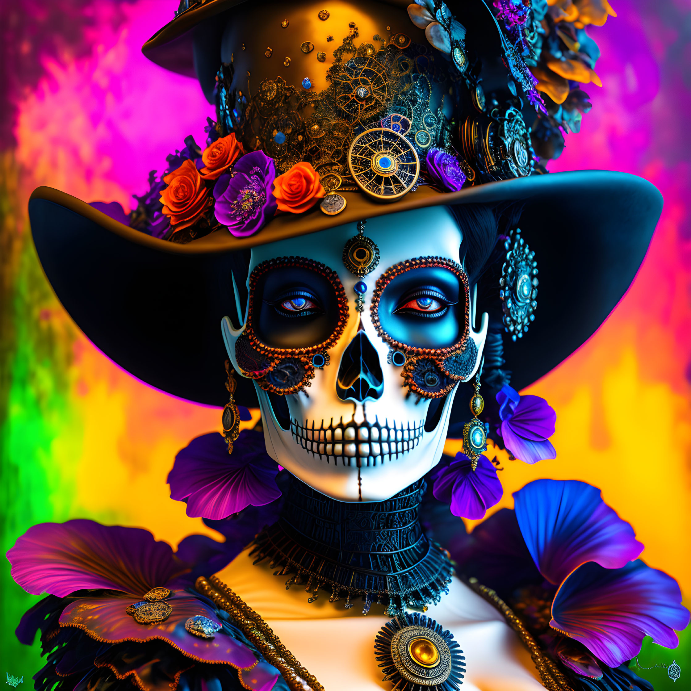 Skull with floral and mechanical adornments on vibrant background