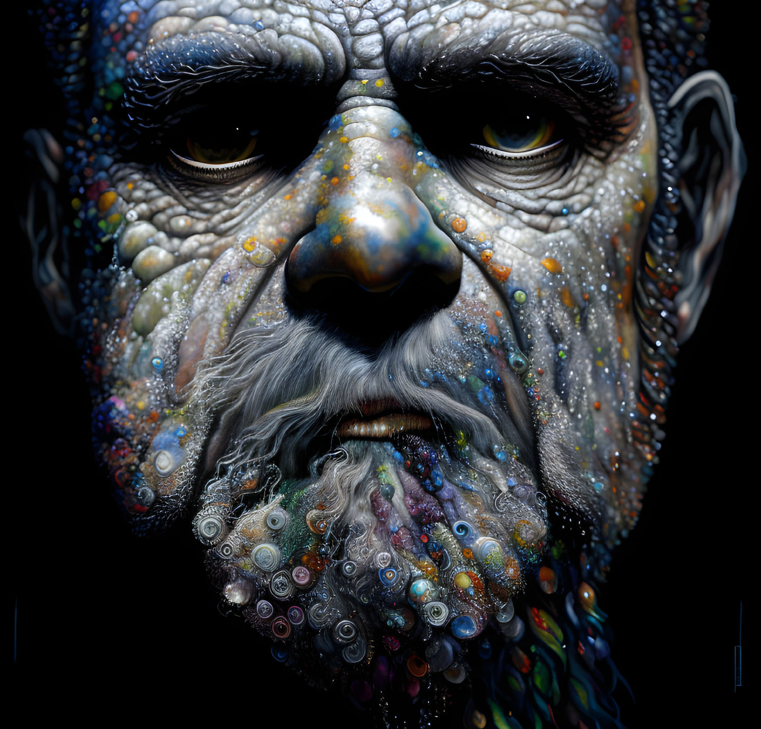 Fantastical face with textured, colorful skin and sea anemone-like beard.