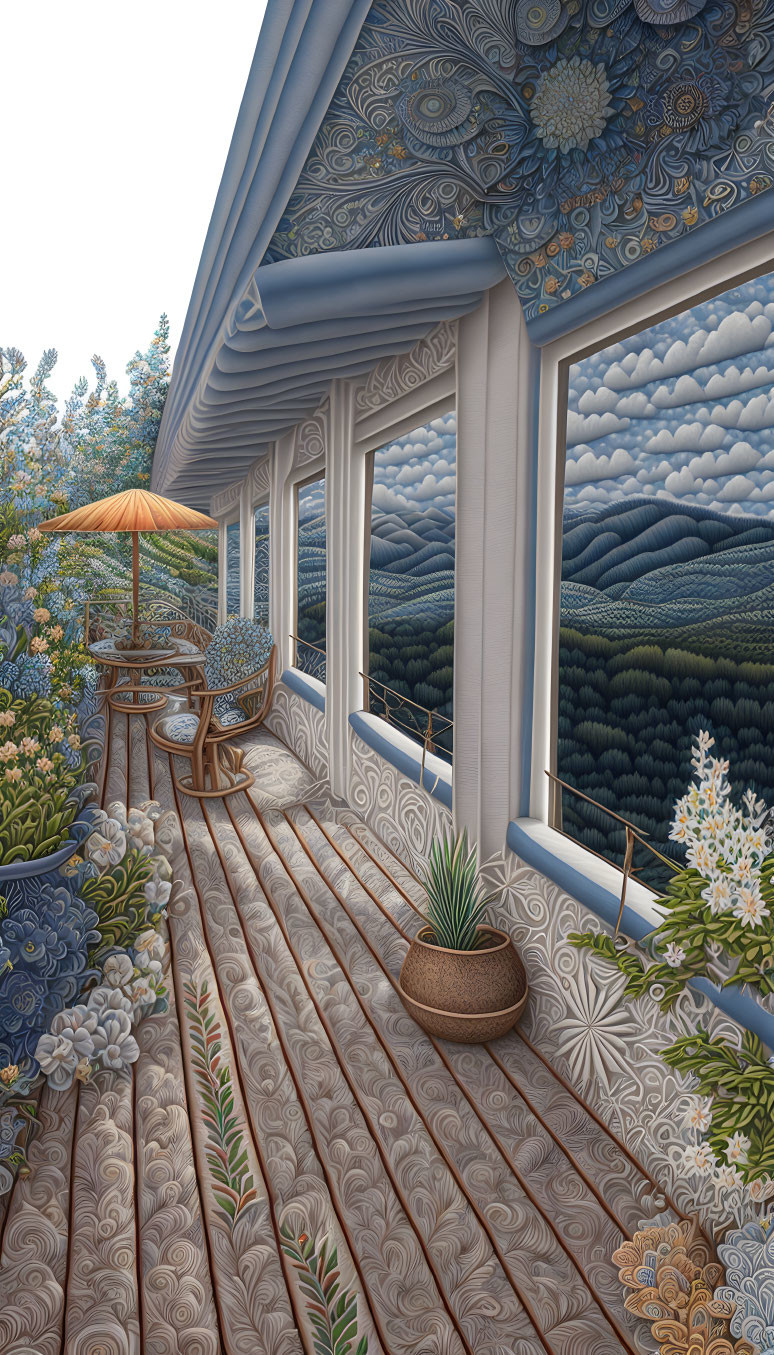 Tranquil balcony with intricate patterns, potted plants, and forested hill view