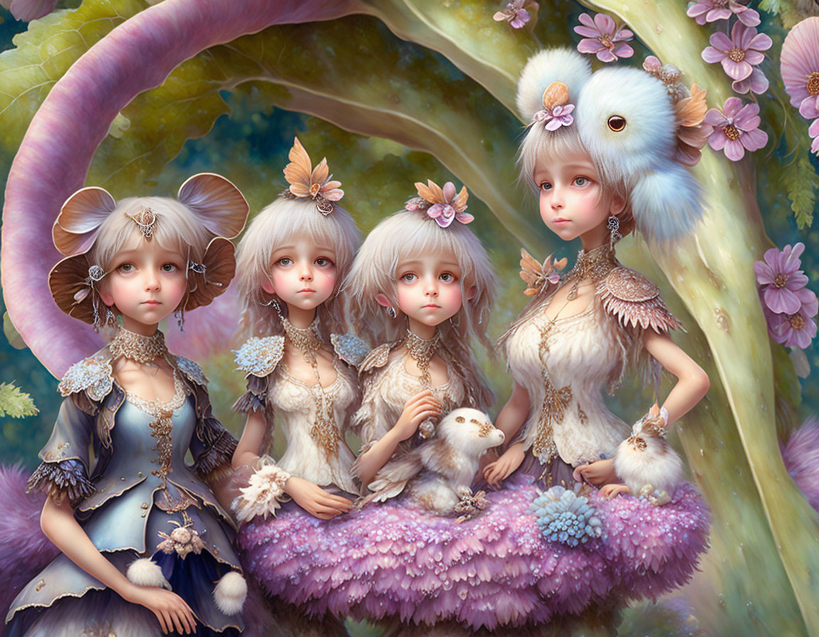 Fantasy characters with animal features in ethereal setting & elaborate costumes