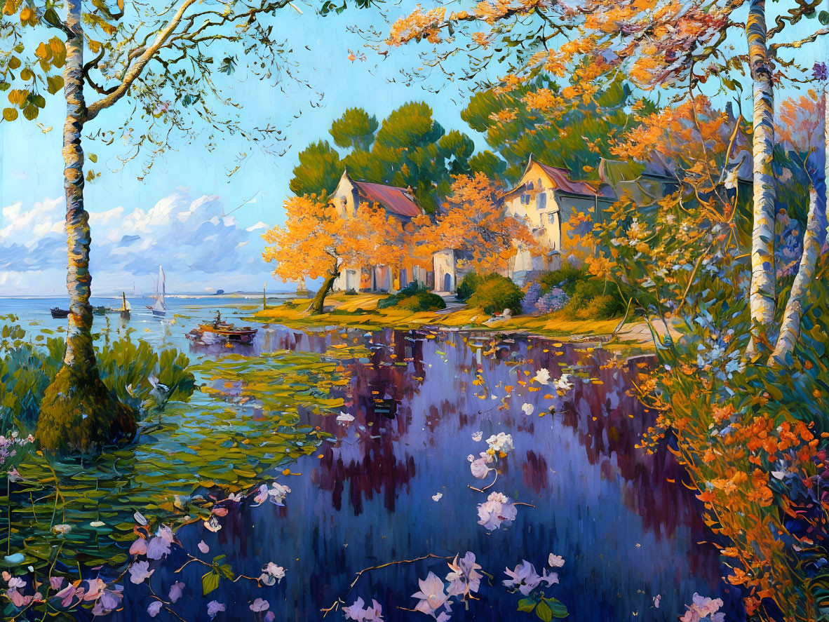 Colorful Impressionist Lakeside Painting with Trees, Houses, and Boat