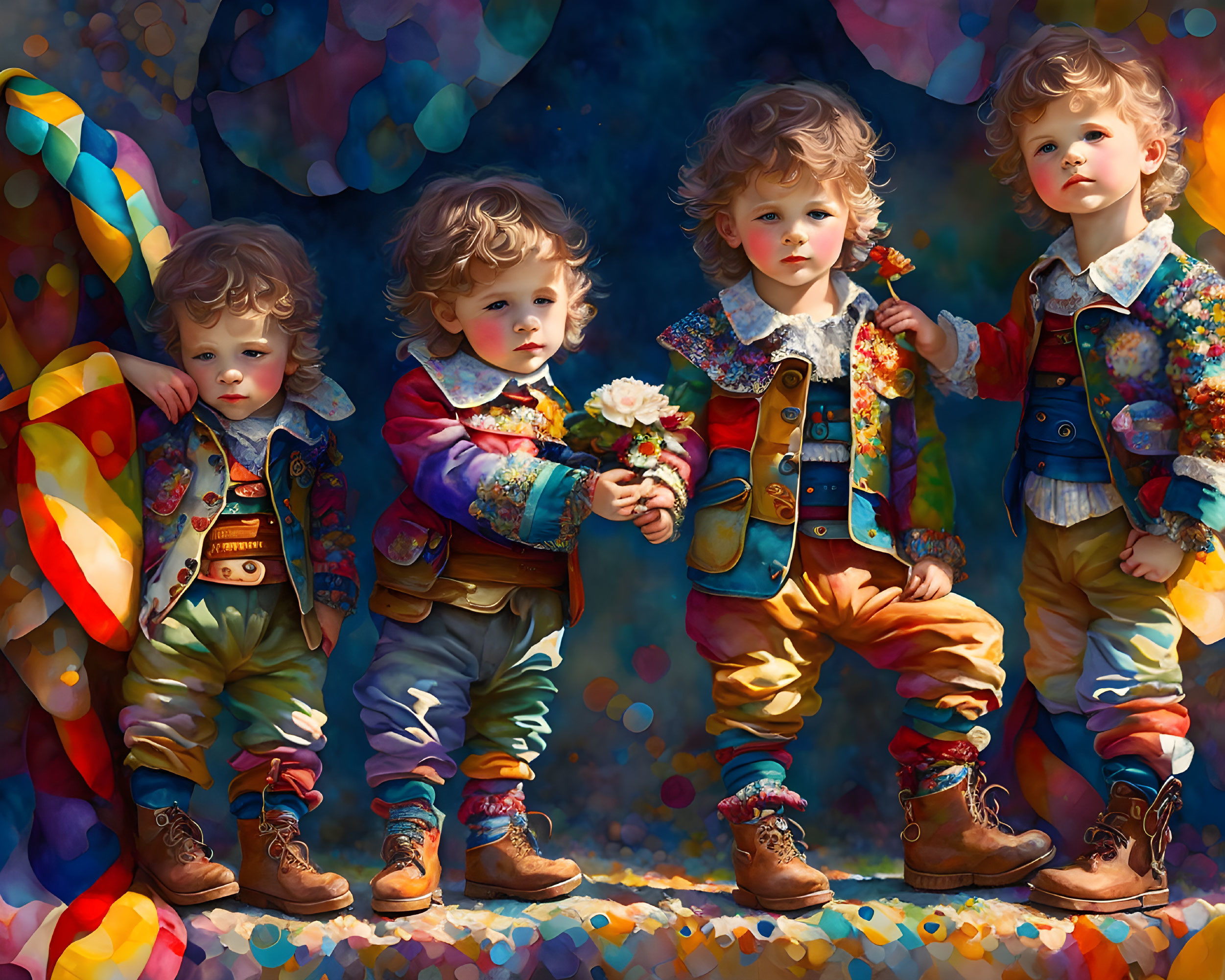 Four toddlers in colorful outfits and boots against vibrant abstract backdrop, one with flowers