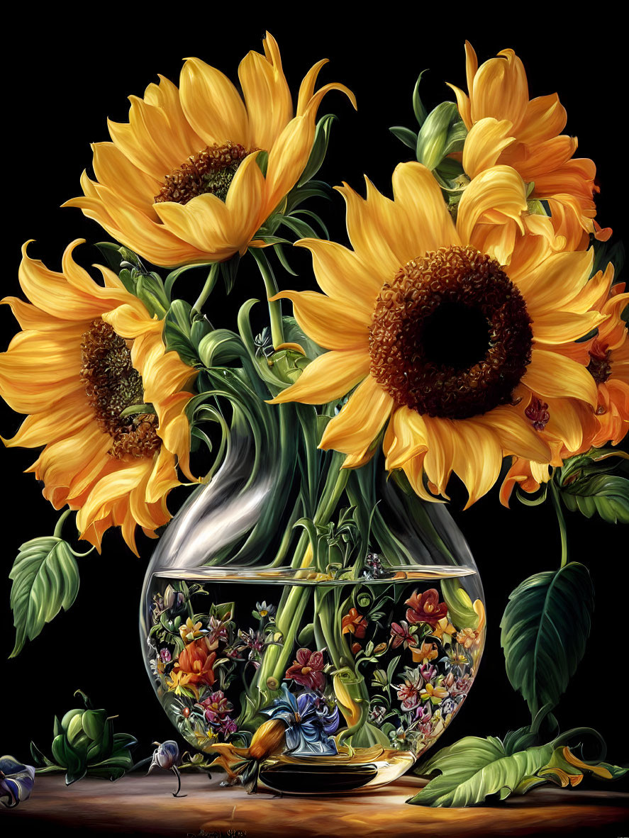 Vivid sunflower painting in glass vase on dark background