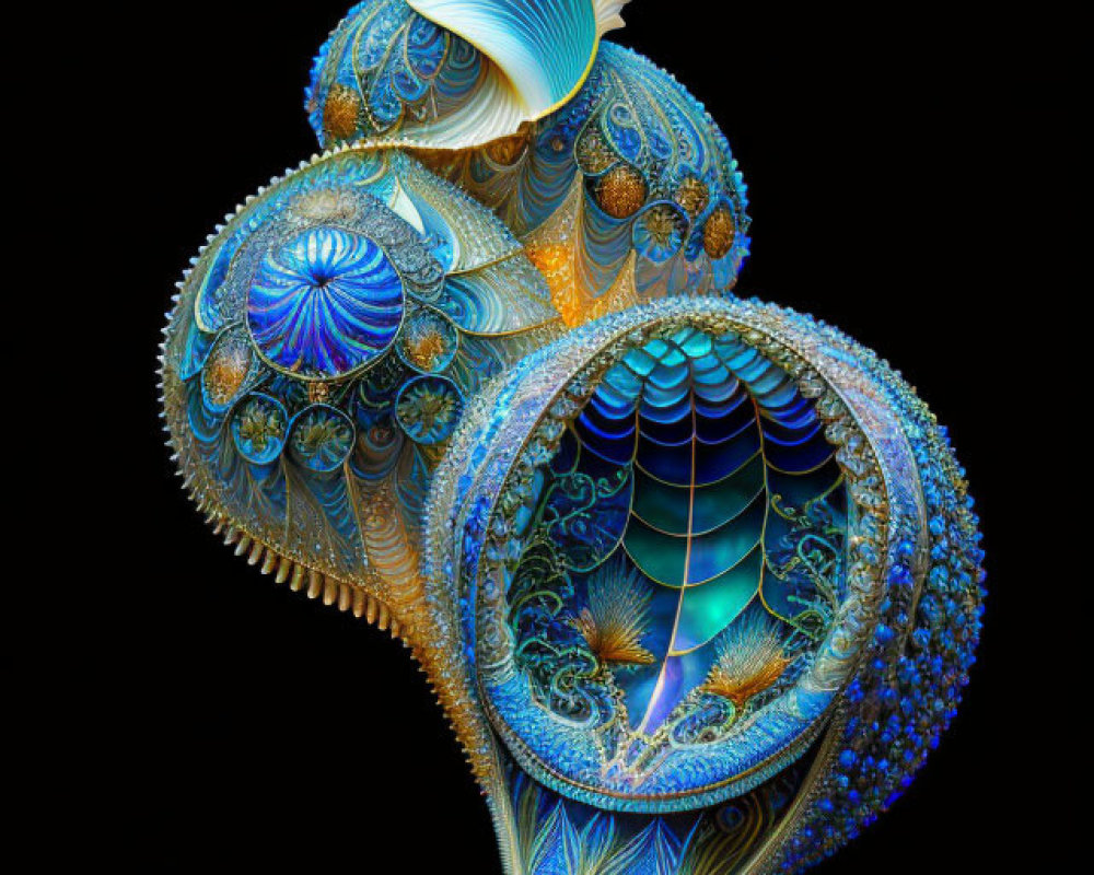 Intricate Blue, Gold, and White Fractal Shell Structure