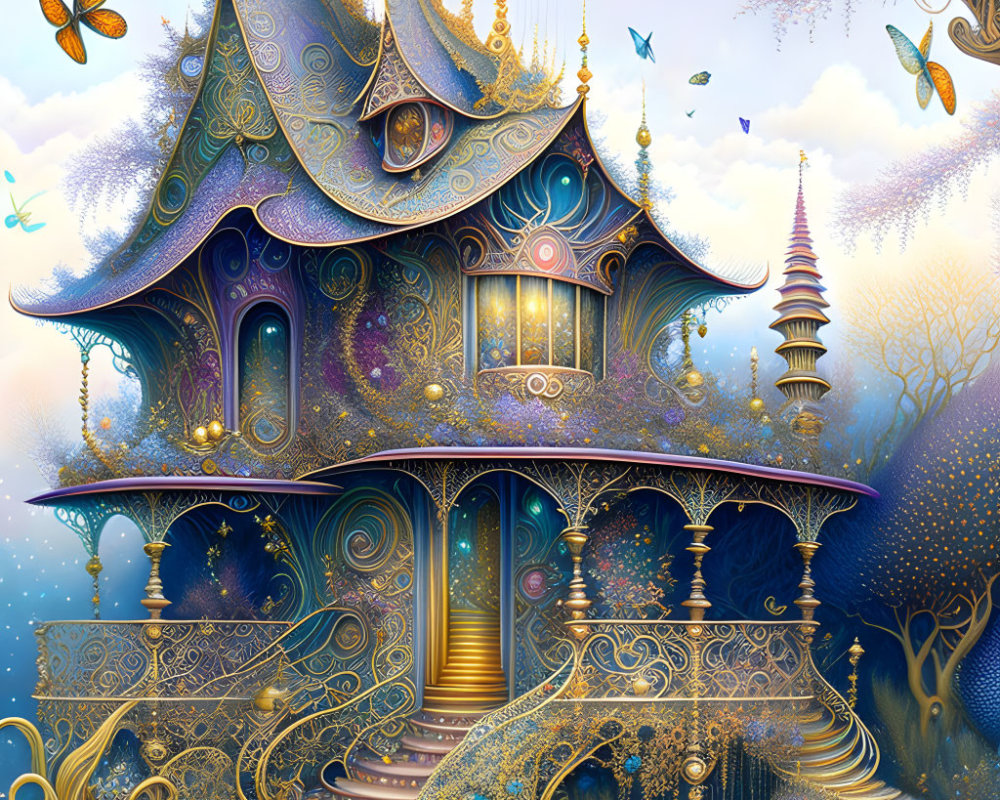 Fantastical jewel-toned treehouse with golden accents, surrounded by butterflies at twilight