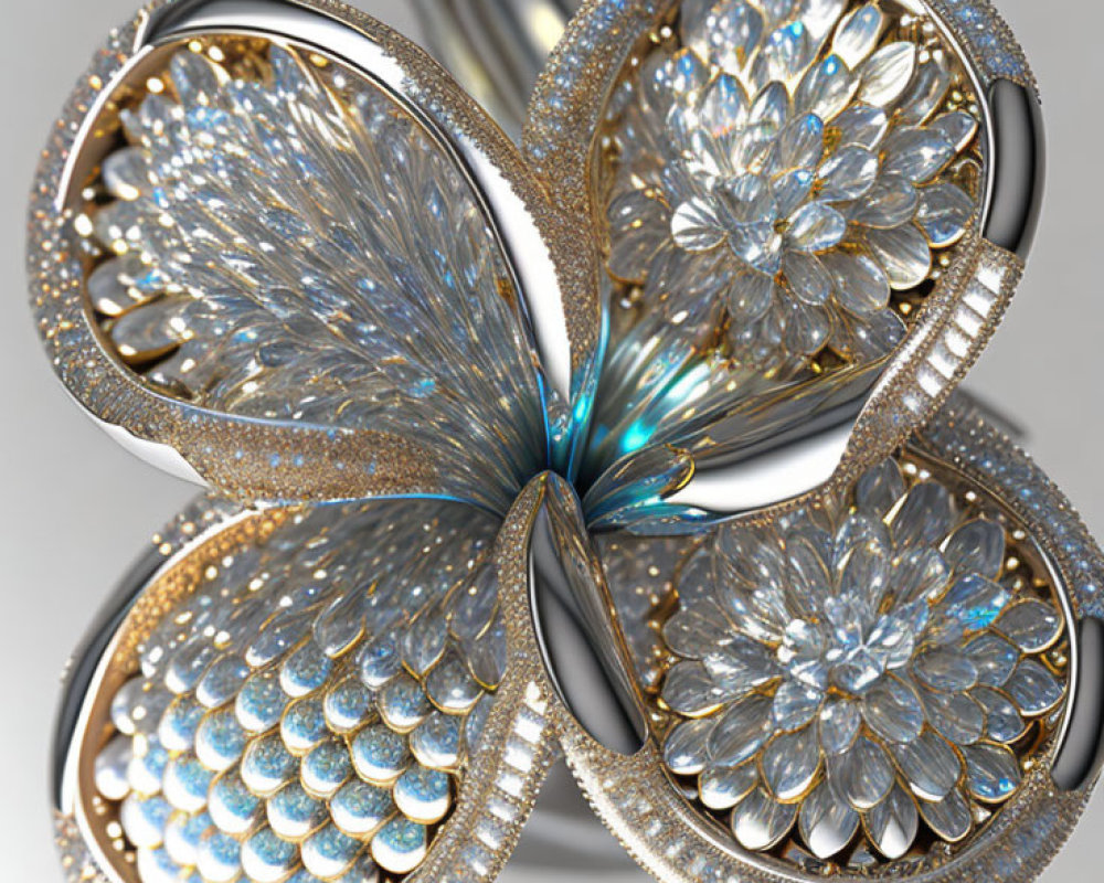 Fractal-based butterfly with jeweled flower wings in gold, silver, and blue