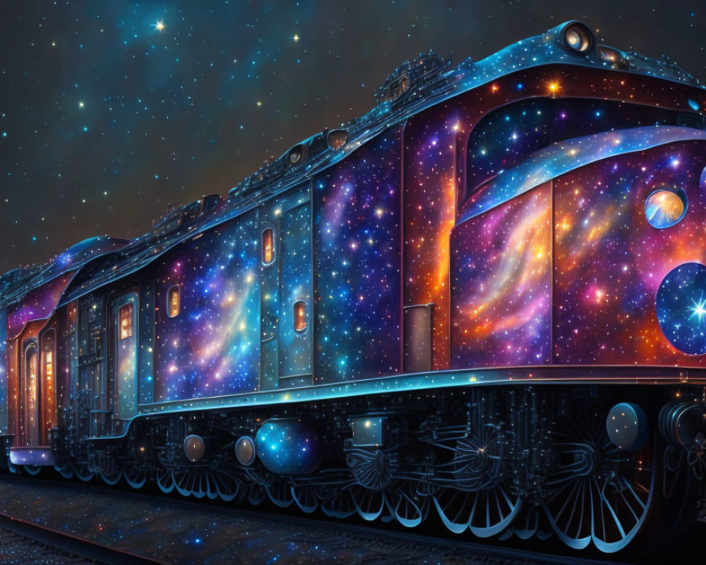 Cosmic-themed train against starry night sky