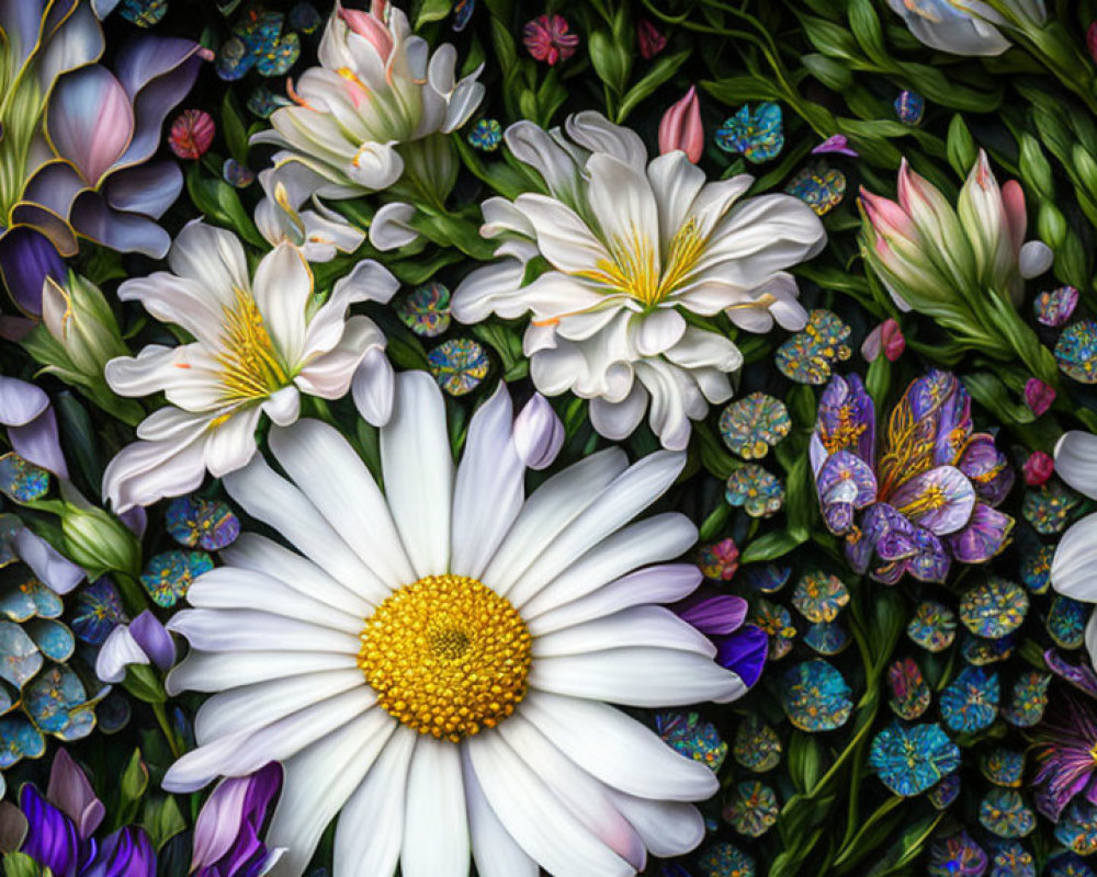 Colorful Floral Arrangement with White Daisy and Detailed Leaves