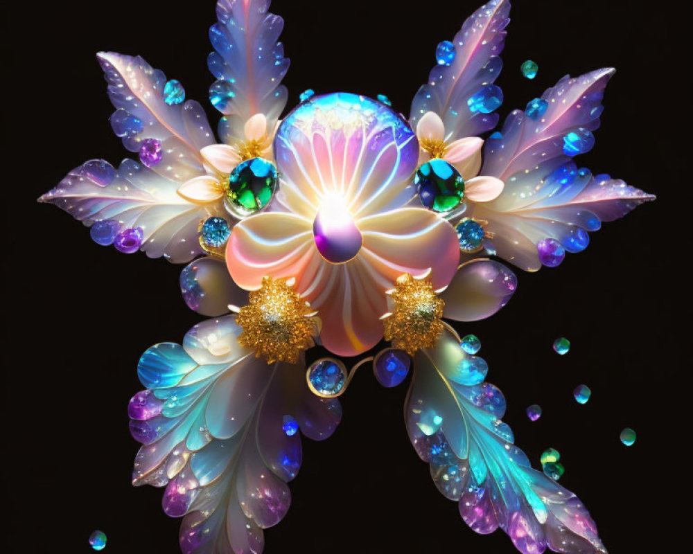 Symmetrical iridescent leaves and jewels on black background