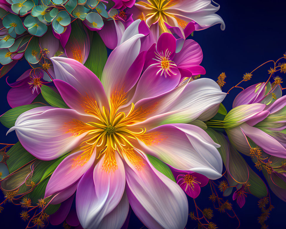 Colorful digital artwork of large pink flower and assorted blooms on dark background